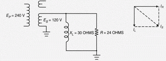 O P = V _ { 1 } ^ { 2 } + V _ { 2 } ^ { 2 } + 2 \left( V _ { 1 } \right) \left( V _ { 2 } \right) \cos \theta  A transformer secondary circuit is shown. Find  I _ { S }  . Express the answer to the nearer tenth. Hint: First apply Ohm s law E=IR to find  I _ { H }  and  I _ { L }  .   