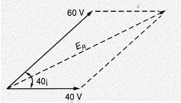 O P = V _ { 1 } ^ { 2 } + V _ { 2 } ^ { 2 } + 2 \left( V _ { 1 } \right) \left( V _ { 2 } \right) \cos \theta  Two voltages (  E _ { 1 }  and  E _ { 2 }  ) are applied to a resister.  E _ { 1 }  is 40 volts at  0 ^ { \circ }  reference.  E _ { 2 }  is 60 volts and leads  E _ { 1 }  by  40 ^ { \circ }  . Find  E_ R  to the nearer tenth.   