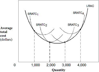 Exhibit 6-14  Cost curves   In Exhibit 6-14, the U-shaped LRAC curve indicates which of the following as quantity increases from 0 to 4,000? A)  Diseconomies of scale; constant returns to scale; economies of scale. B)  Constant returns to scale; economies of scale; diseconomies of scale. C)  Economies of scale; constant returns to scale; diseconomies of scale. D)  Diseconomies of scale; economies of scale; constant returns to scale. E)  Economies of scale; diseconomies of scale; constant returns to scale.