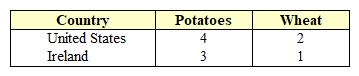 Exhibit 21-3  Potatoes and wheat output (tons per day)    If each nation in Exhibit 21-3 specializes in producing the good for which it has a comparative advantage, then: A)  Ireland would produce neither potatoes or wheat. B)  the United States would produce both potatoes and wheat. C)  the United States would produce potatoes. D)  Ireland would produce potatoes.