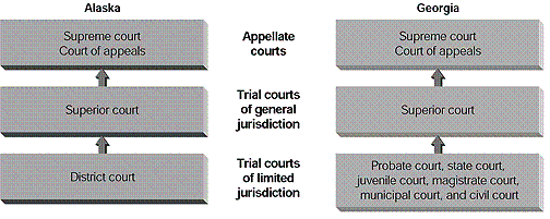 According to the figure, why is Georgia considered to have an  unreformed  court structure?   A) It has neither reduced the number of courts nor standardized their names. B) It has fewer trial courts of limited jurisdiction than does Alaska. C) It uses a nonstandard name for the appellate courts. D) It uses a nonstandard name for the trial courts of general jurisdiction.