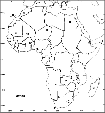 MAP QUESTIONS  Instructions: Choose the letter on the accompanying map of Africa that correctly identifies each of the following:      Guinea