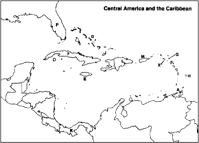 MAP QUESTIONS  Instructions:  Choose the letter on the accompanying map of the Caribbean that correctly identifies each of the following:      Puerto Rico