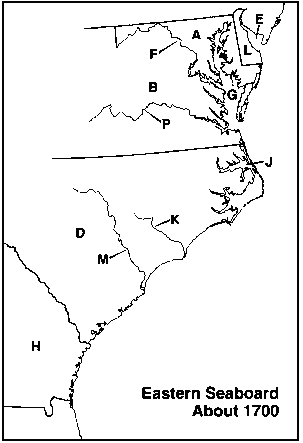 Instructions: Choose the letter on the accompanying map of the southeastern seaboard that correctly identifies each of the following:      Potomac River