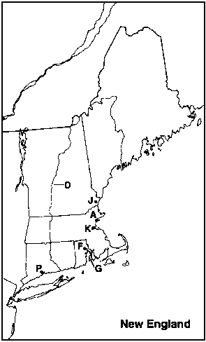 Instructions: Choose the letter on the accompanying map of New England that correctly identifies each of the following:      Salem, Massachusetts