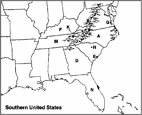 Instructions: Choose the letter on the accompanying map of the southern United States that correctly identifies each of the following:      Tennessee