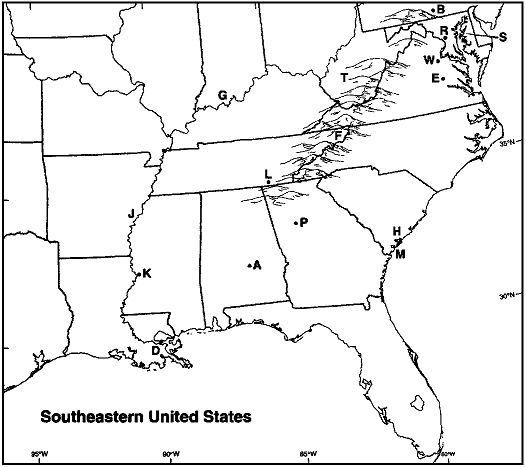 MAP QUESTIONS  Instructions: Choose the letter on the accompanying map of the southeastern United States that correctly identifies each of the following:      Maryland