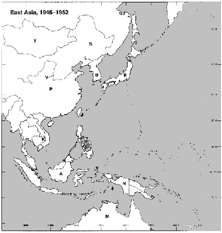 Instructions: Choose the letter on the accompanying map of East Asia that correctly identifies each of the following:      Yalu River
