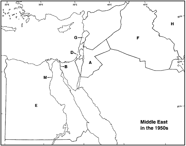 Instructions: Choose the letter on the accompanying map of the Middle East that correctly identifies each of the following:      Iran