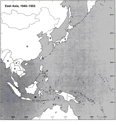 Instructions: Choose the letter on the accompanying map of East Asia that correctly identifies each of the following:      Indonesia