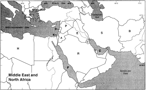 MAP QUESTIONS  Instructions: Choose the letter on the accompanying map of the Middle East and North Africa that correctly identifies each of the following:      Syria