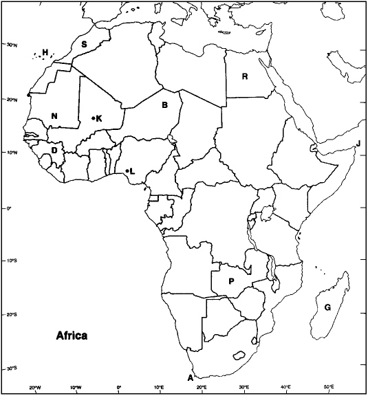 Choose the letter on the accompanying map of Africa that correctly identifies each of the following:  -  Cape of Good Hope