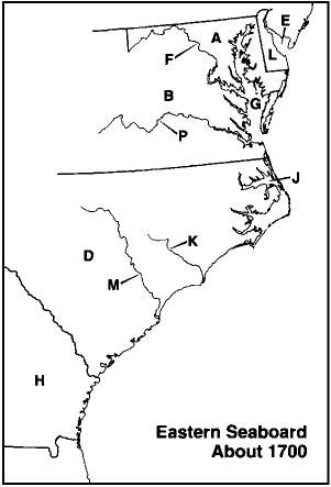 Choose the letter on the accompanying map of the southeastern seaboard that correctly identifies each of the following:  -  Maryland