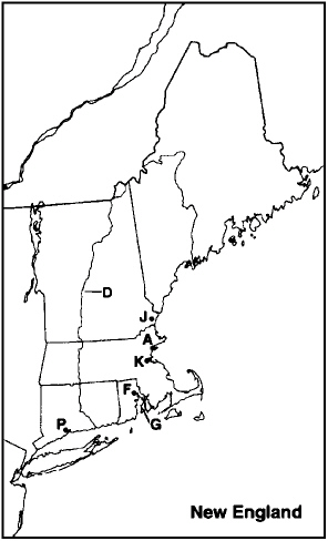 Choose the letter on the accompanying map of New England that correctly identifies each of the following:  -  Salem, Massachusetts