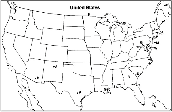Choose the letter on the accompanying map of the United States that correctly identifies each of the following:  -  Georgia