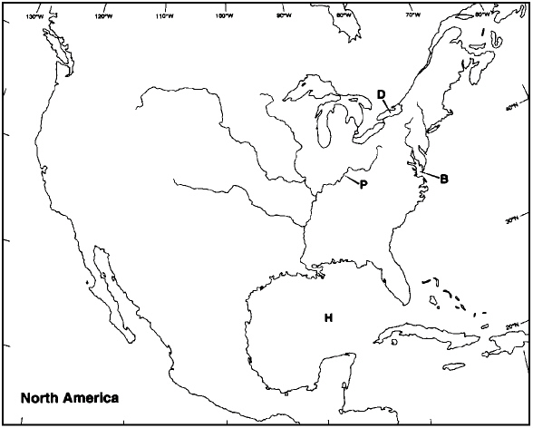 Choose the letter on the accompanying map of North America that correctly identifies each of the following:  -  Chesapeake Bay