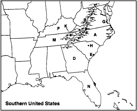 Choose the letter on the accompanying map of the southern United States that correctly identifies each of the following:  -  Appalachian Mountains
