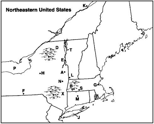Instructions: Choose the letter on the accompanying map of the Northeast that correctly identifies each of the following:   Long Island