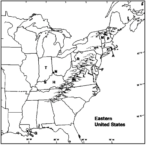 Instructions: Choose the letter on the accompanying map of the eastern United States that correctly identifies each of the following:   New Orleans