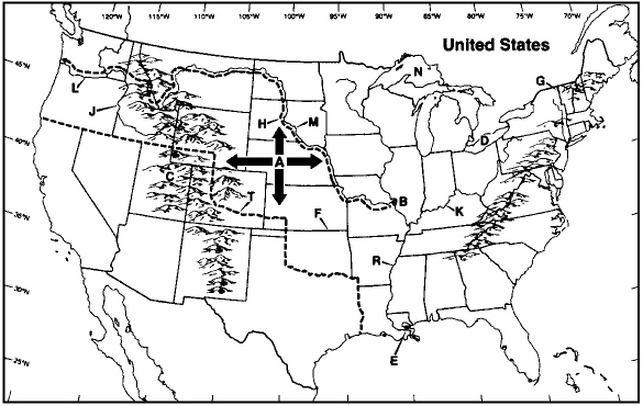 Instructions: Choose the letter on the accompanying map of the United States that correctly identifies each of the following:   Mississippi River
