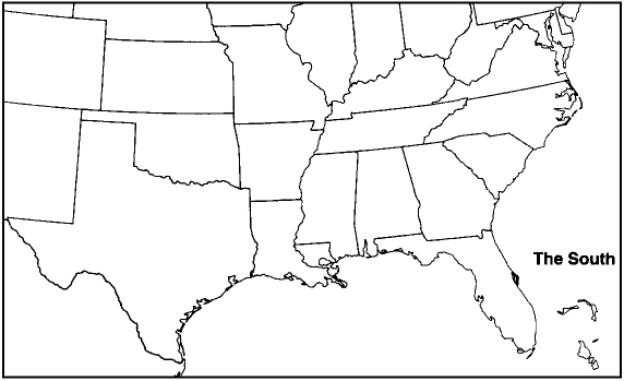 Instructions: On the accompanying map of the South, draw in lines to indicate the following:   Mississippi River