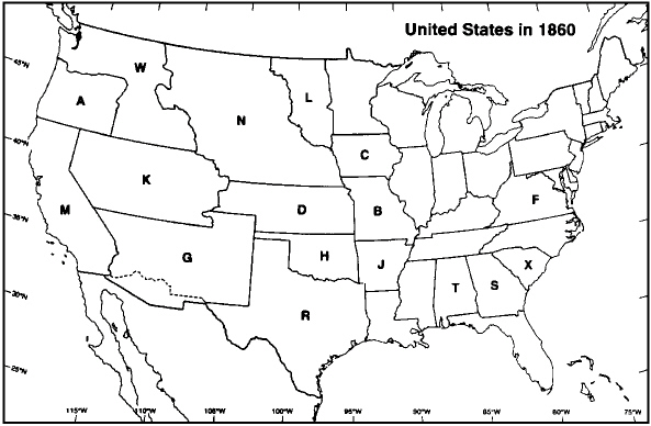Instructions: Choose the letter on the accompanying map of the United States in 1860 that correctly identifies each of the following:   Indian Territory