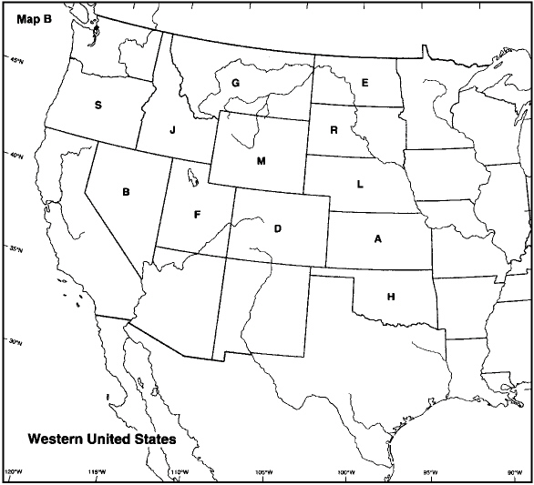 Choose the letter on Map B of the western United States that correctly identifies each of the following:  -  Kansas