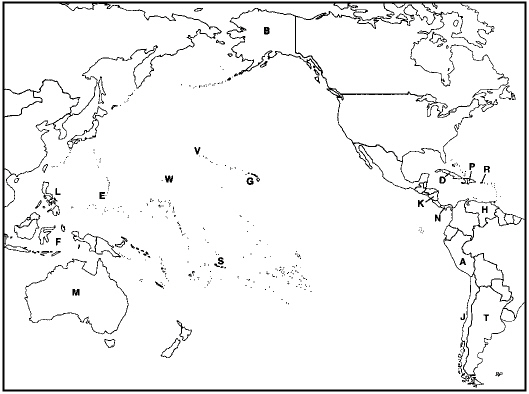 Instructions: Choose the letter on the accompanying map of the Pacific Basin that identifies each of the following:   Philippine Islands