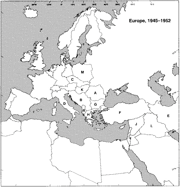 Instructions: Choose the letter on the accompanying map of Europe and the Middle East that correctly identifies each of the following:   Draw a line to indicate the Iron Curtain separating NATO countries from Warsaw Pact nations.
