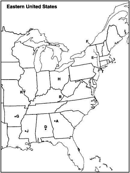 Instructions: Choose the letter on the accompanying map of the eastern United States that correctly identifies each of the following:   Appalachia