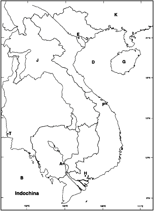 Instructions: Choose the letter on the accompanying map of Indochina that correctly identifies each of the following:   Laos