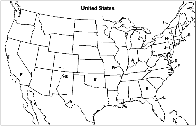 Instructions: Choose the letter on the accompanying map of the United States that correctly identifies each of the following:     St. Augustine, Florida