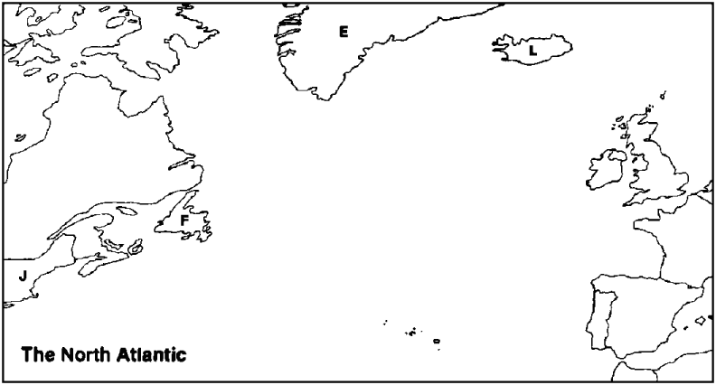 Instructions: Choose the letter on the accompanying map of the North Atlantic region that correctly identifies each of the following:     Newfoundland
