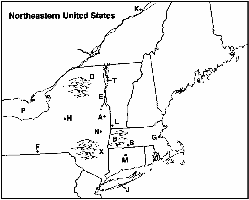 Instructions: Choose the letter on the accompanying map of the Northeast that correctly identifies each of the following:     Elmira, New York