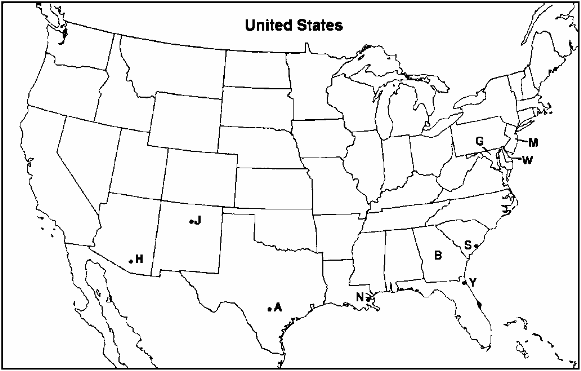 MAP QUESTIONS  Instructions: Choose the letter on the accompanying map of the United States that correctly identifies each of the following:      Maryland