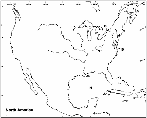 Instructions: Choose the letter on the accompanying map of North America that correctly identifies each of the following:      Ohio River
