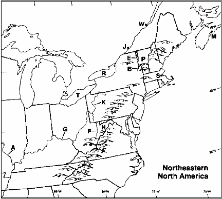 MAP QUESTIONS  Instructions: Choose the letter on the accompanying map of northeastern North America that correctly identifies each of the following:      Boston, Massachusetts