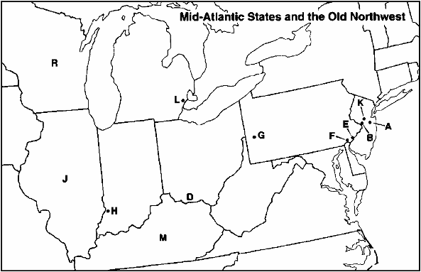 MAP QUESTIONS  Instructions: Choose the letter on the accompanying map of the Mid-Atlantic States and Old Northwest that correctly identifies each of the following:        Brandywine Creek, Pennsylvania