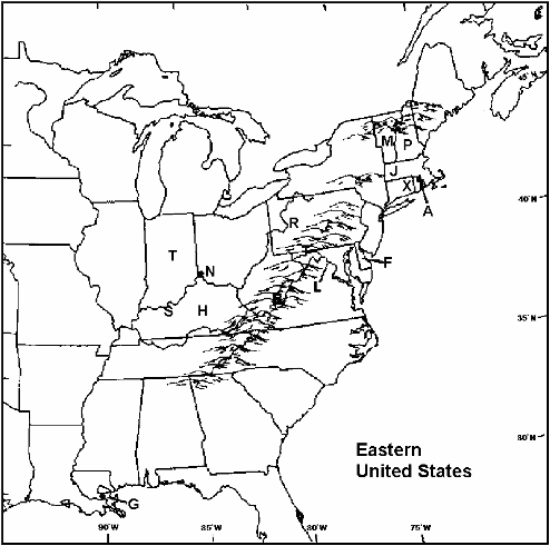 MAP QUESTIONS  Instructions: Choose the letter on the accompanying map of the eastern United States that correctly identifies each of the following:        Pawtucket, Rhode Island