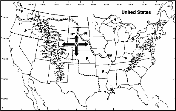 MAP QUESTIONS  Instructions: Choose the letter on the accompanying map of the United States that correctly identifies each of the following:        Snake River