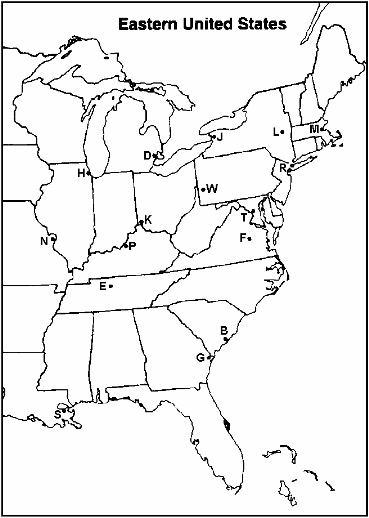 MAP QUESTIONS  Instructions: Choose the letter on the accompanying map of the eastern United States that correctly identifies each of the following:        Savannah, Georgia