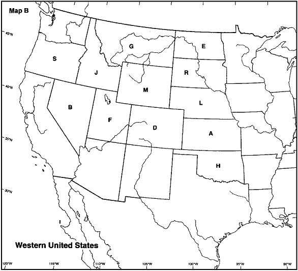 MAP QUESTIONS  Instructions: Choose the letter on Map B of the western United States that correctly identifies each of the following:      Montana
