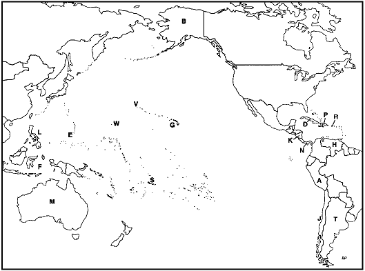 MAP QUESTIONS  Instructions: Choose the letter on the accompanying map of the Pacific Basin that identifies each of the following:      Philippine Islands