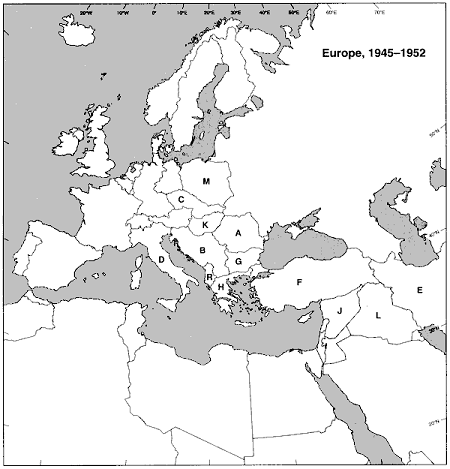 MAP QUESTIONS  Instructions: Choose the letter on the accompanying map of Europe and the Middle East that correctly identifies each of the following:      Greece