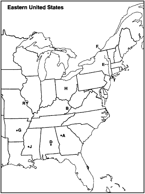 MAP QUESTIONS  Instructions: Choose the letter on the accompanying map of the eastern United States that correctly identifies each of the following:        St. Lawrence Seaway