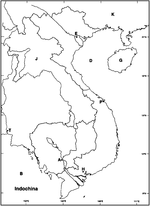 MAP QUESTIONS  Instructions: Choose the letter on the accompanying map of Indochina that correctly identifies each of the following:        Gulf of Tonkin