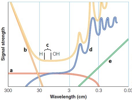  Examine the accompanying figure. Which wavelength range is representative of the noise from Earth's atmosphere? A)  a B)  b C)  c D)  d E)  e