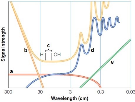   Figure 25-1 Examine the accompanying figure (Figure 25-1)  . Which portion of the radio window astronomers use to search for extraterrestrial communication? A)  a B)  b C)  c D)  d E)  e