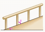 <strong>The figure shows a walkway with a handrail. Angle α is the angle between the walkway and the horizontal, while angle β is the angle between the vertical posts of the handrail and the walkway. Assume that the vertical posts are perpendicular to the horizontal. Find α if β = 52°.</strong> A)α = 57° B)α = 123 ° C)α = 38 ° D)α = 128 ° E)α = 52 °