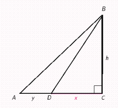 In the figure, the distance from A to D is y , the distance from D to C is x , and the distance from C to B is h .   ​ If   ,   ,   , and   , find x , then y . Round each answer to the nearest tenth. ​ A)    B)    C) ​   D) ​   E) ​  